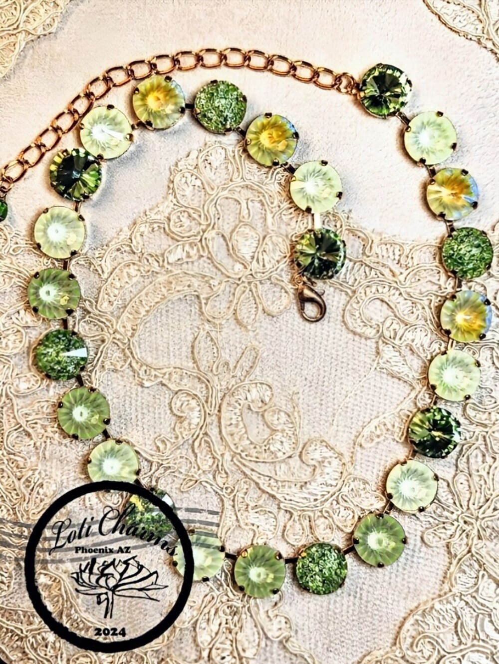Apple Green Peridot Of Premium Crystal In Classic Gold Plated Tennis Necklace